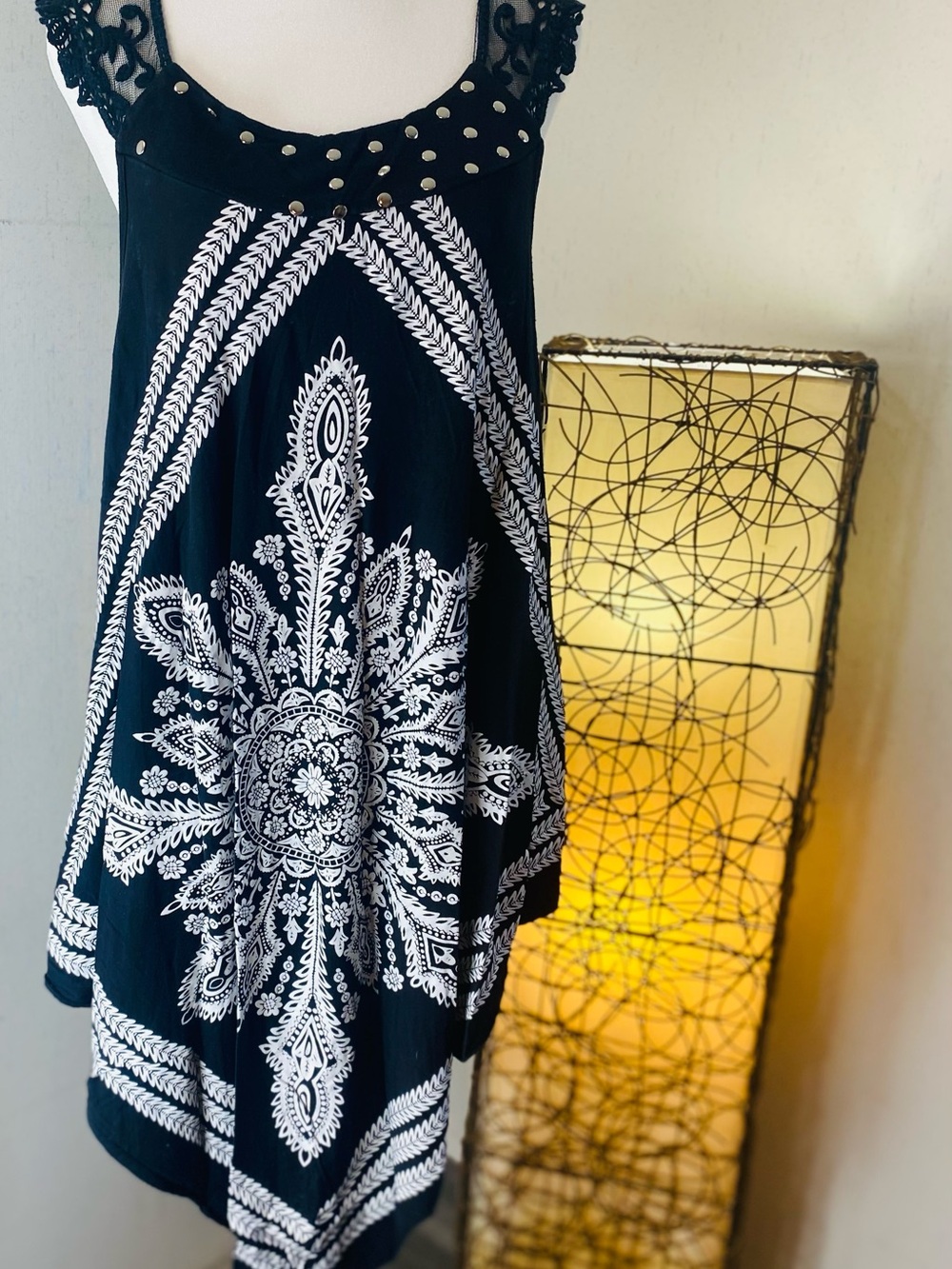 Black & White High-Low Tank Dress with Mandala Print